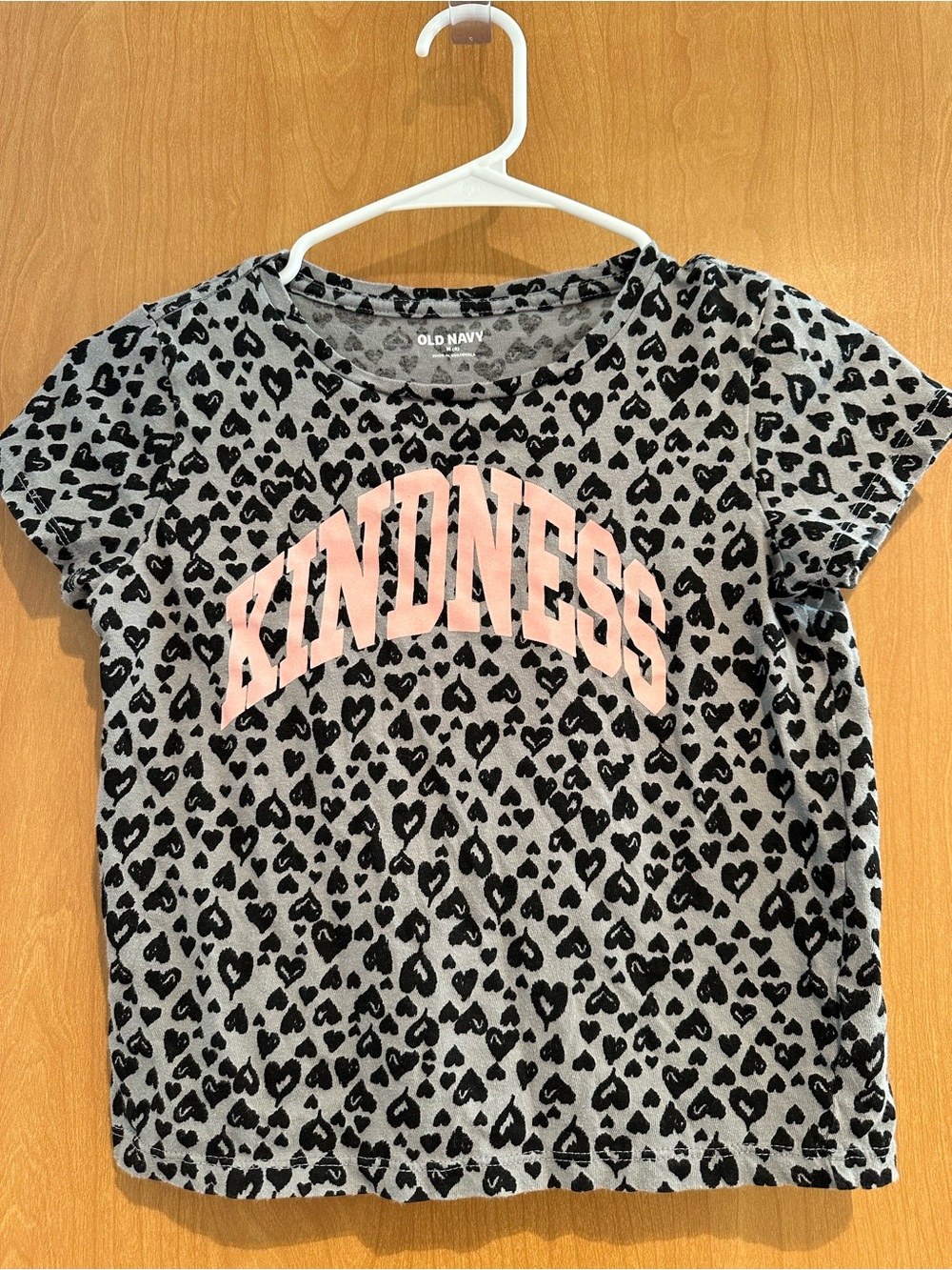 Old Navy Gray Tee with Black Heart Print and Pink "KINDNESS" Lettering
